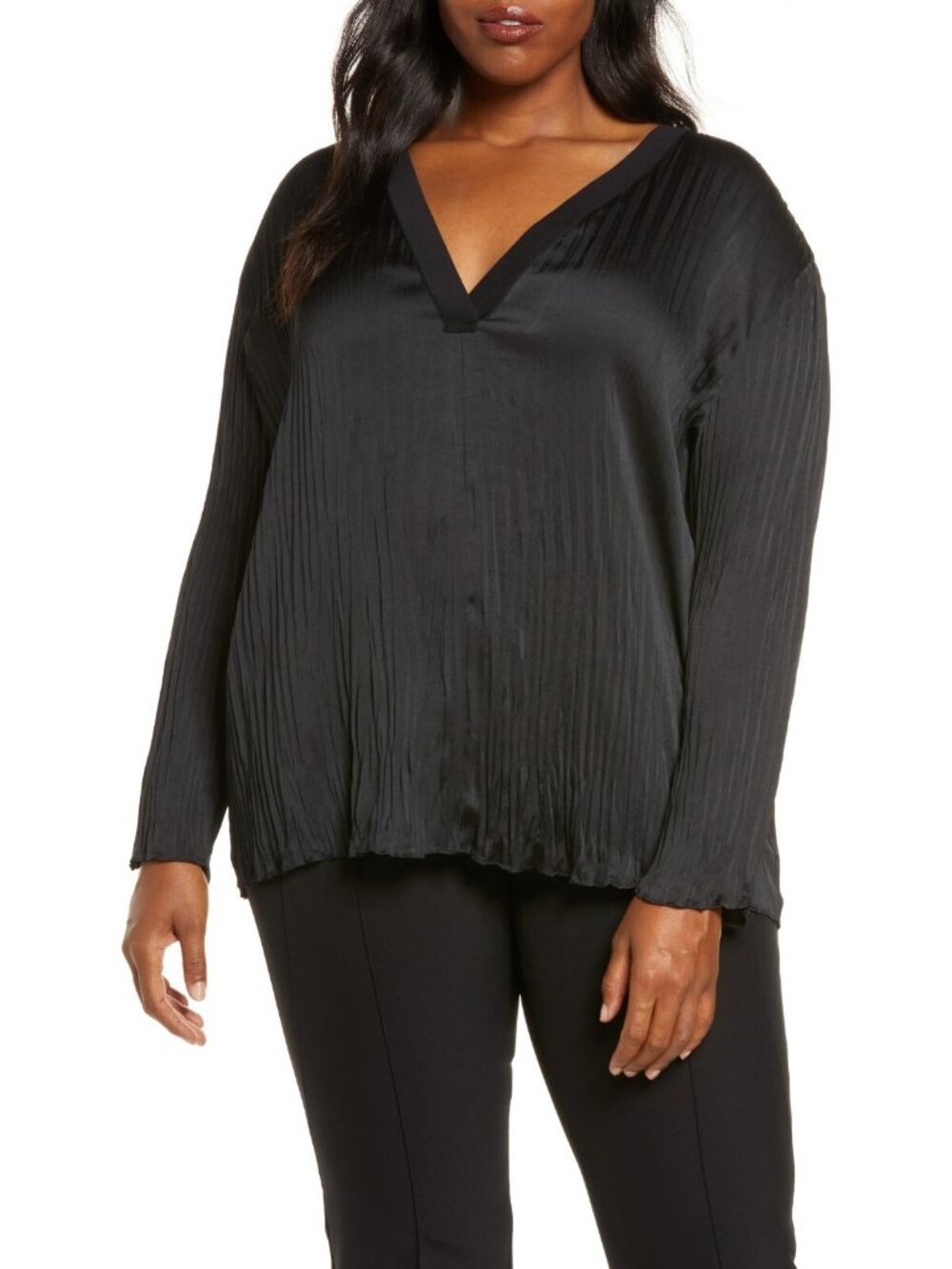 $325 Vince Womens V-Neck Long Sleeve Crushed Satin Blouse Top Black Plus Size 1X